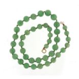 Chinese green jade bead necklace with 9ct gold clasp, 40cm in length : For Further Condition Reports