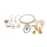 Silver semi precious stone jewellery comprising a bangle, four rings, three pendants and two pairs