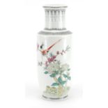 Chinese porcelain vase hand painted with bird of paradise amongst flowers, calligraphy to the