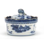 Chinese blue and white porcelain pot and cover, hand painted with a continuous river landscape, 12cm