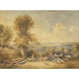 David Cox - Figures before a landscape, 19th century watercolour, label verso, mounted and framed,