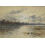 Fanny Maxwell Lyte - Birds over a lake, watercolour, mounted and framed, 17cm x 12cm : For Further