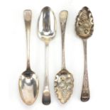 Two pairs of Georgian silver berry spoons and tablespoons, London 1796 and 1810, the largest 21.