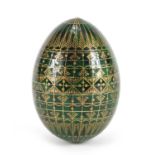 Russian green lacquered egg, gilded and inscribed to the base, 8cm high : For Further Condition