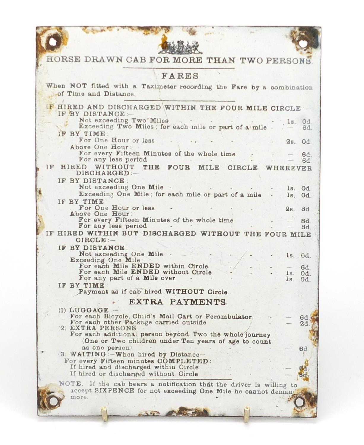 Antique horse drawn cab enamel plaque explaining fares, 23cm x 16.5cm : For Further Condition