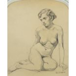 Seated nude young female, pencil and charcoal, bearing an indistinct signature R...st Ara?,