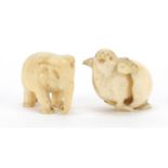 Two ivory carving including a Japanese hatching chick, the largest 4cm wide : For Further