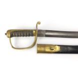 19th century Military interest short sword, with scabbard and wire bound shagreen grip, 75cm in