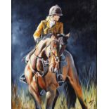 Kay Prior - Jockey on horseback, oil on canvas, label verso, framed, 49cm x 39cm : For Further