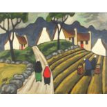 Figures and buildings before mountains, Irish school gouache, bearing a signature Markey, framed,