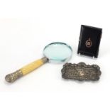 Antique objects comprising a tortoiseshell card case, embossed silver pin tray and an ivory