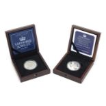 Two commemorative silver proof five pound coins, with fitted boxes comprising The Longest Reigning