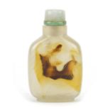 Chinese carved agate cockerel snuff bottle with jade stopper, 7.5cm high : For Further Condition