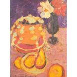 After Anne Redpath - Still life items on a table, oil on board, framed, 39.5cm x 29.5cm : For