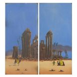 Figures with camels in deserts, pair of Eastern school gouaches, mounted and framed, 58cm x 27cm :