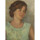 Winifred Eveline Wild - Portrait of a girl in a green dress, signed oil on canvas board, mounted and