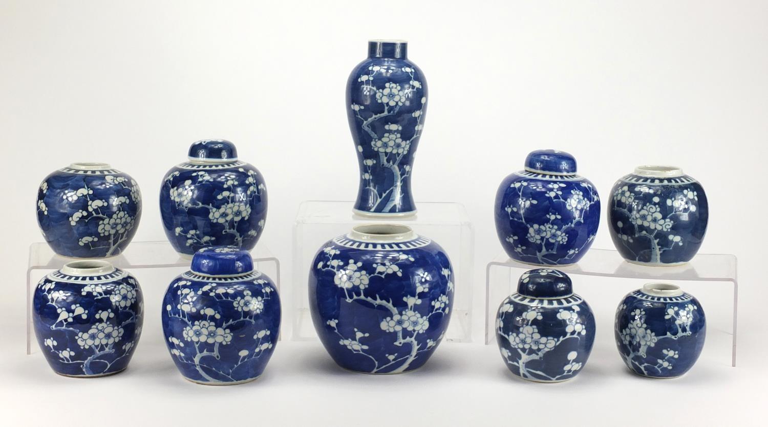 Chinese blue and white porcelain comprising a baluster vase and nine ginger jars, four with