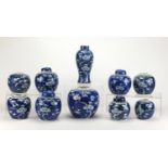 Chinese blue and white porcelain comprising a baluster vase and nine ginger jars, four with