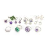 Silver semi precious stone jewellery comprising four rings, three pairs of earrings and three