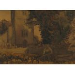 Robert Hills - Gardener in a churchyard, signed watercolour, mounted and framed, 41cm x 29.5cm : For