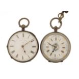 Two ladies silver pocket watches, one with ornate dial, the largest 4cm in diameter : For Further