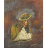 Portrait of a soldier smoking, Military interest oil on canvas laid on board, inscribe Blighty!!