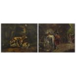 Three hounds and figure with horses, 19th century double sided oil on card, framed, 18cm x 14cm :