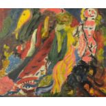 Abstract composition, surreal figures, oil on board, bearing a signature Appel, mounted and