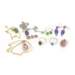 Silver semi precious stone jewellery comprising three rings, three pairs of earrings and four