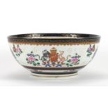 19th century Samson porcelain bowl, hand painted with an armorial crest and flowers, 22cm in