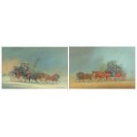 Figures and stagecoaches, pair of oil on boards, each bearing a signature Rowland, framed, each 26.