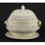 Leeds pottery cream ware basket and cover on stand, 26.5cm high : For Further Condition Reports