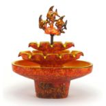 West German pottery water fountain having an orange glaze, 43cm high : For Further Condition Reports