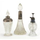 Three Victorian cut glass scent bottles with silver mounts, various hallmarks, the largest 19.5cm