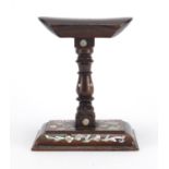 Chinese carved hardwood headrest with mother of pearl inlay, 15cm high : For Further Condition