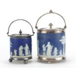 Two Wedgwood Jasper Ware biscuit barrels with silver plated mounts and swing handles, the largest