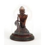 Good Japanese wood carving of an elder, housed under a glass dome on ebonised stand, 15cm high : For