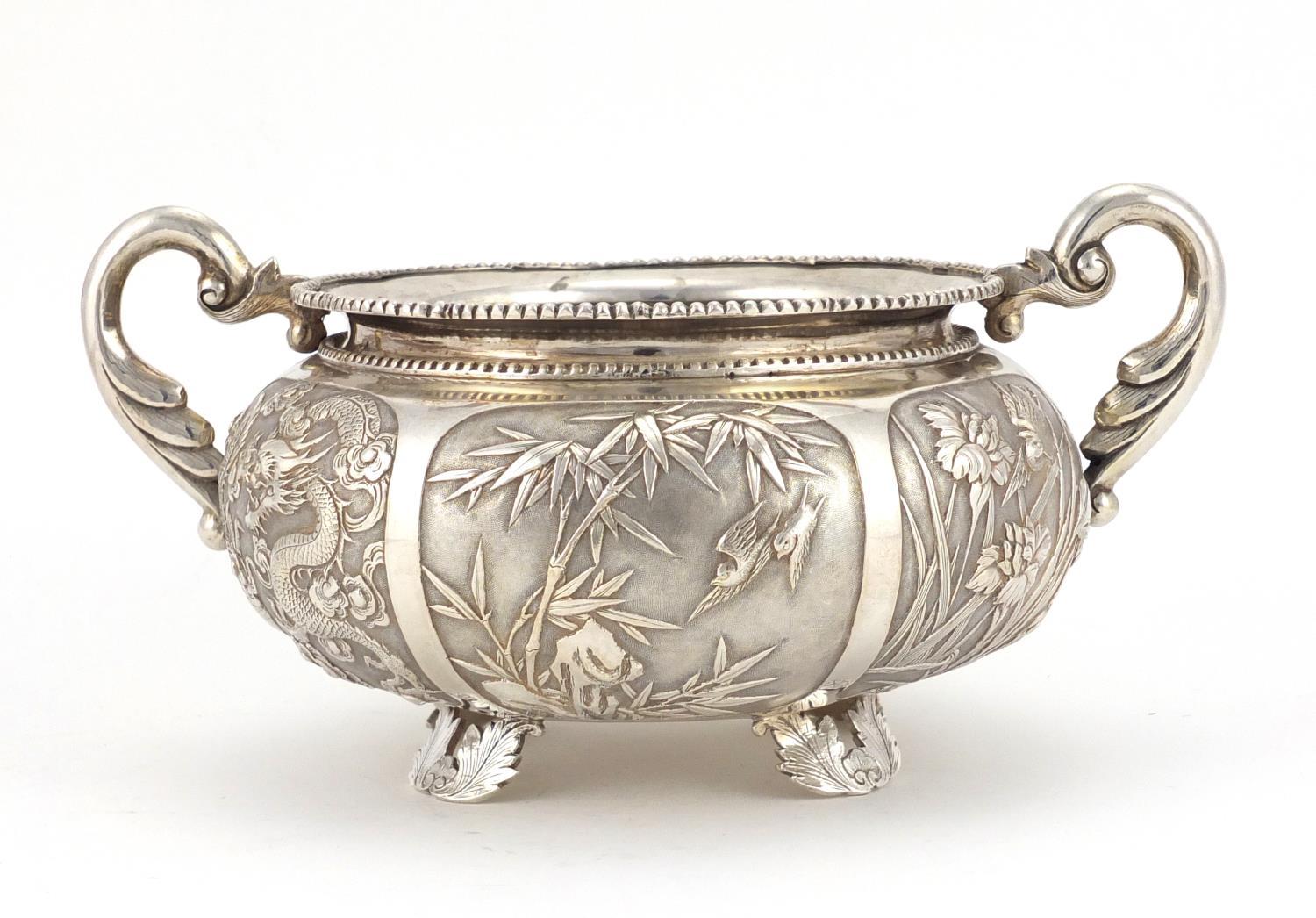 Chinese silver twin handled bowl embossed with dragons, birds, insects and flowers, impressed W A to - Image 3 of 7