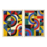 Abstract composition, geometric shapes, pair of Russian school mixed media's, mounted and framed,