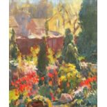 Garden scene, oil on board, bearing an indistinct signature and inscription Altman Alexander