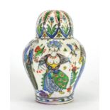 Turkish Kutahya pottery vase, hand painted with figures and flowers, 21.5cm high : For Further