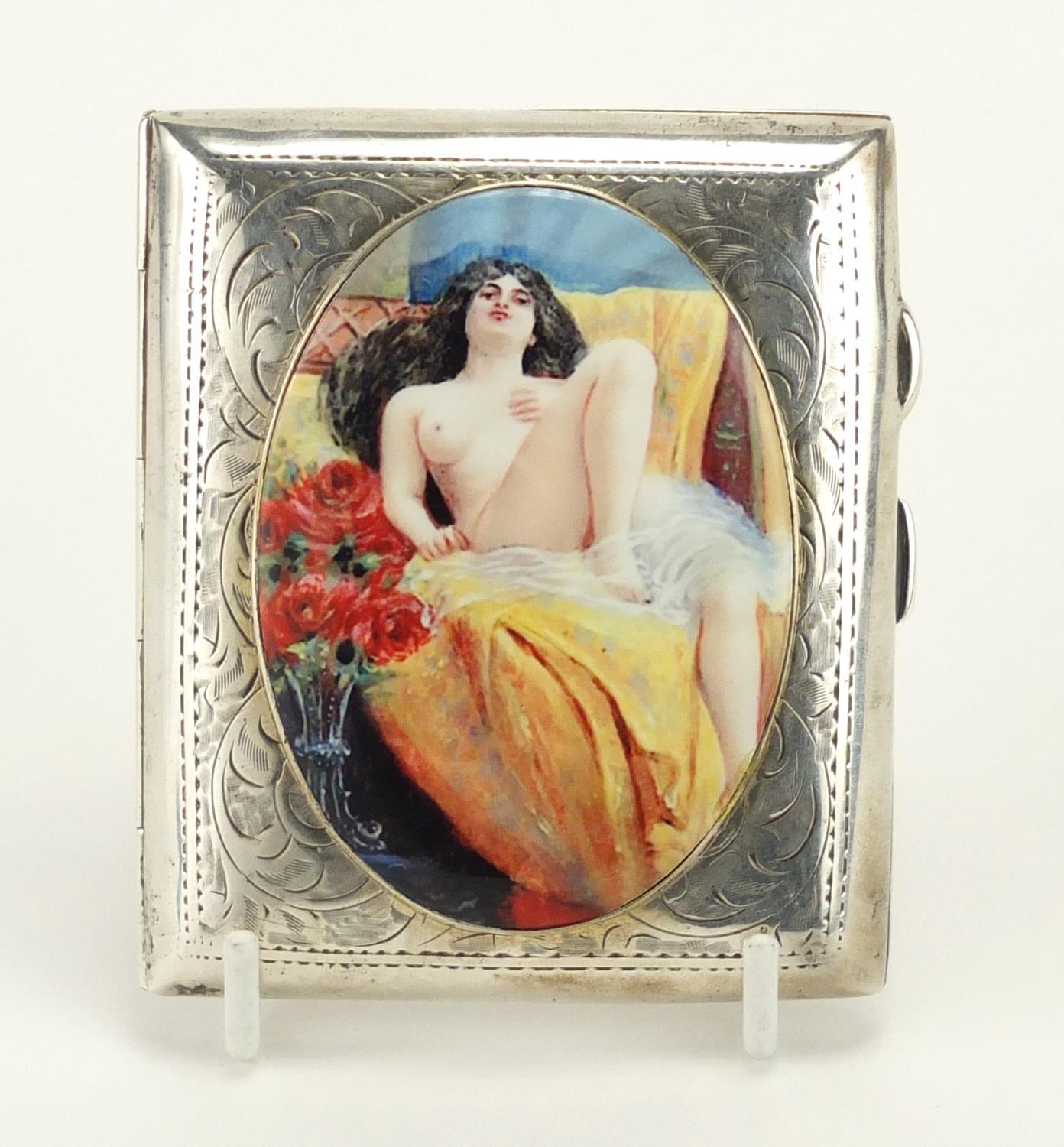 Rectangular silver cigarette case with enamelled semi nude female panel, by W J Myatt & Co