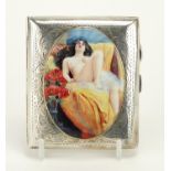 Rectangular silver cigarette case with enamelled semi nude female panel, by W J Myatt & Co