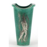 Swedish art pottery vase by Gustavsberg with silver inlay, decorated with a standing nude female,