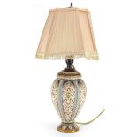 Mettlach pottery table lamp with shade, incised with stylised motifs, overall 50cm high : For