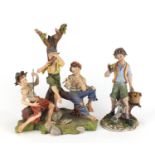 Large hand painted Capodimonte figure group of three figures and one of a boy holding grapes, the