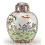 Large Chinese porcelain ginger jar and cover, hand painted with figures, birds of paradise and