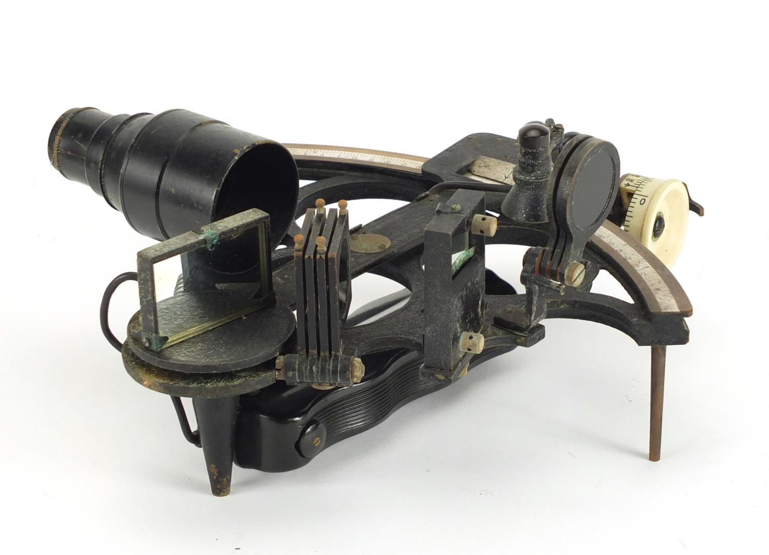 Henry Hughes & Son sextant, housed in a mahogany case, numbered 49624, 23cm wide : For Further - Image 3 of 9