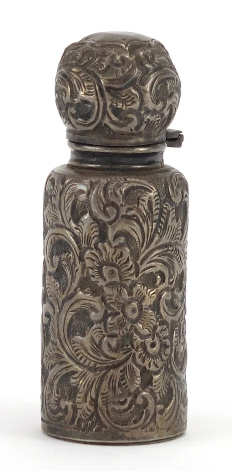 Victorian silver scent bottle embossed with flowers by C C May & Sons, Birmingham 1897, 6.8cm