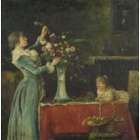 Mother and child in an interior with flowers, Italian school oil on board, bearing a signature G